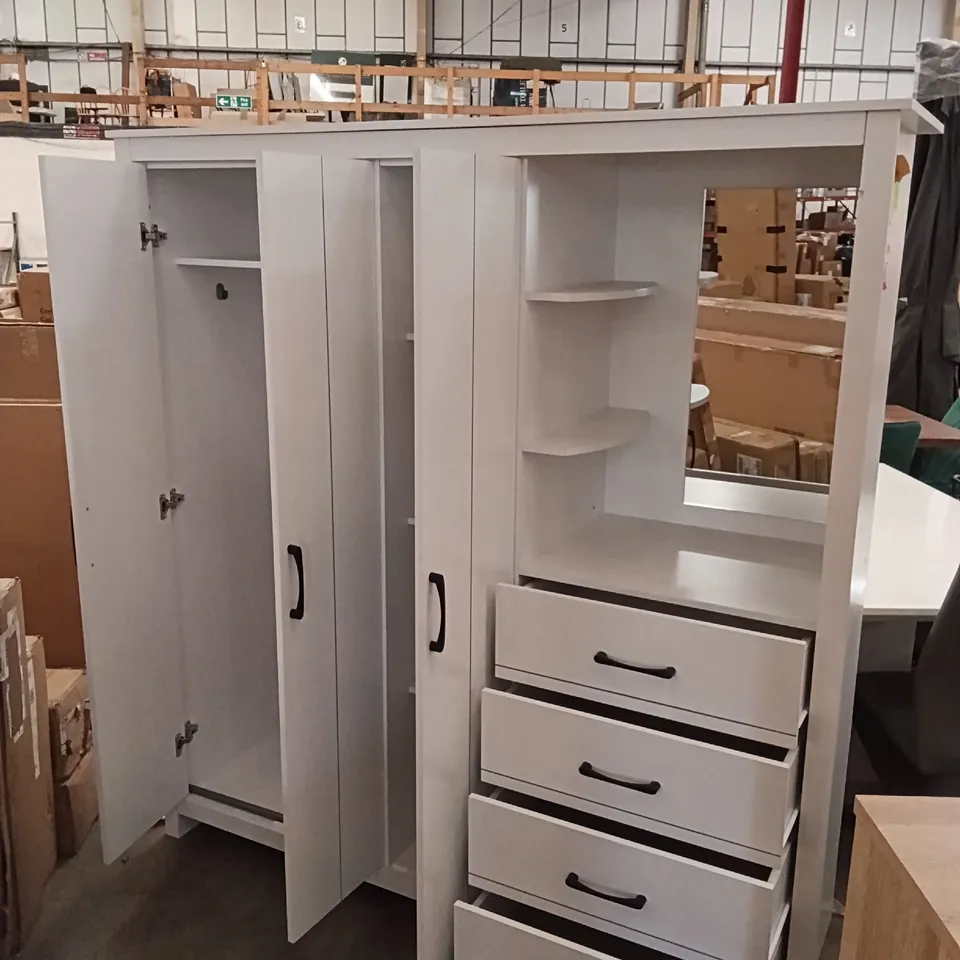 WARDROBE WITH 3 HINGED DOORS, 4 DRAWERS, OPEN SHELF AREA AND MIRROR - WHITE 