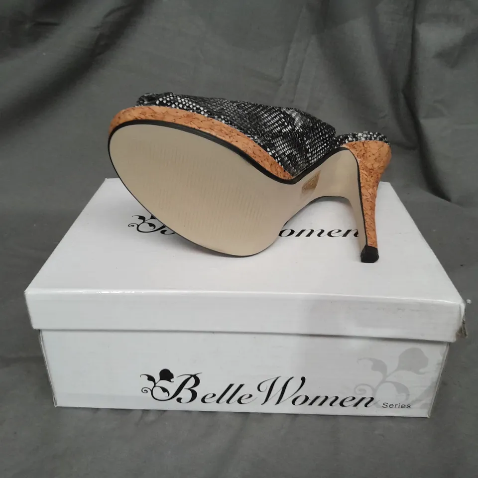 APPROXIMATELY 5 BOXED PAIRS OF SNAKE PATTERN OPEN TOE HIGH HEELS 