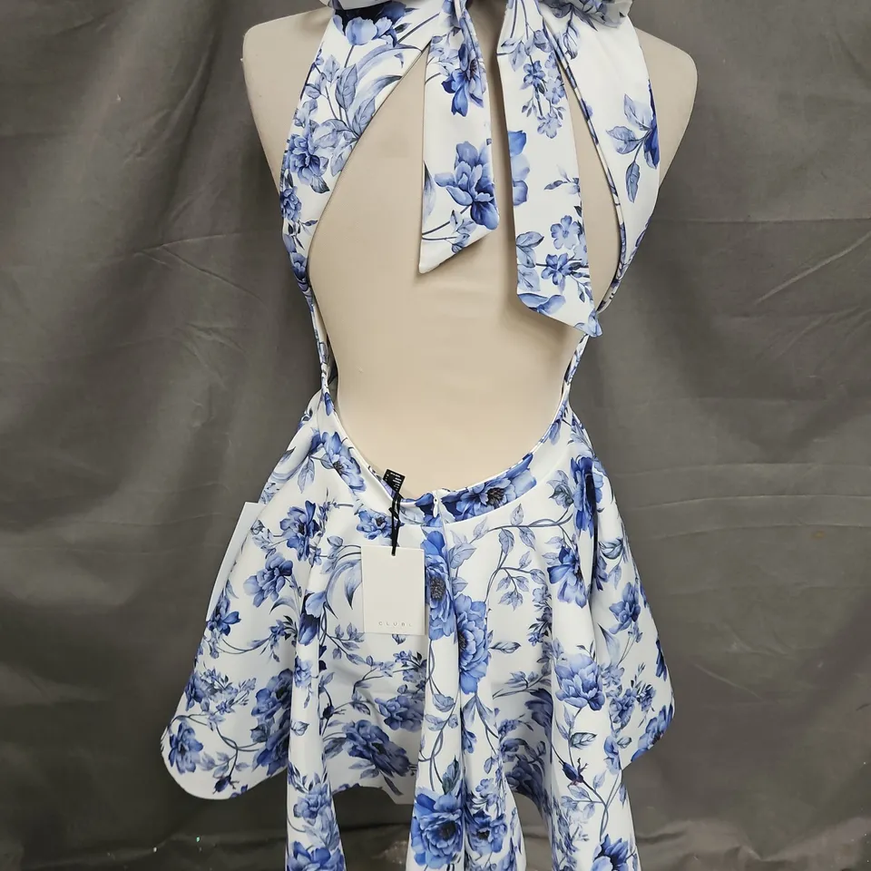 CLUB LONDON WAVERLY RACER-NECK SLEEVELES BACKLESS SKATER MINI DRESS IN BLUE FLORAL SIZE 12