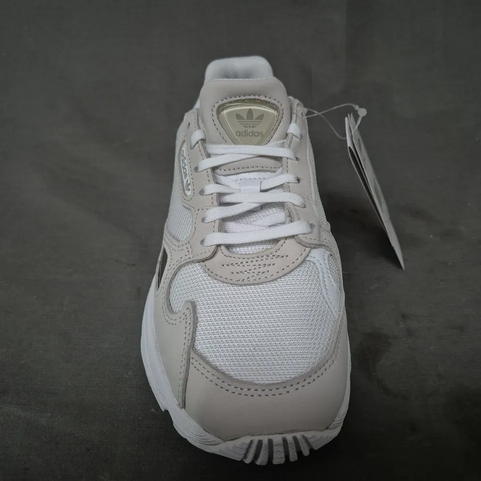 BOXED PAIR OF ADIDAS WOMEN'S FALCON SHOES IN WHITE/OFF WHITE UK SIZE 5.5