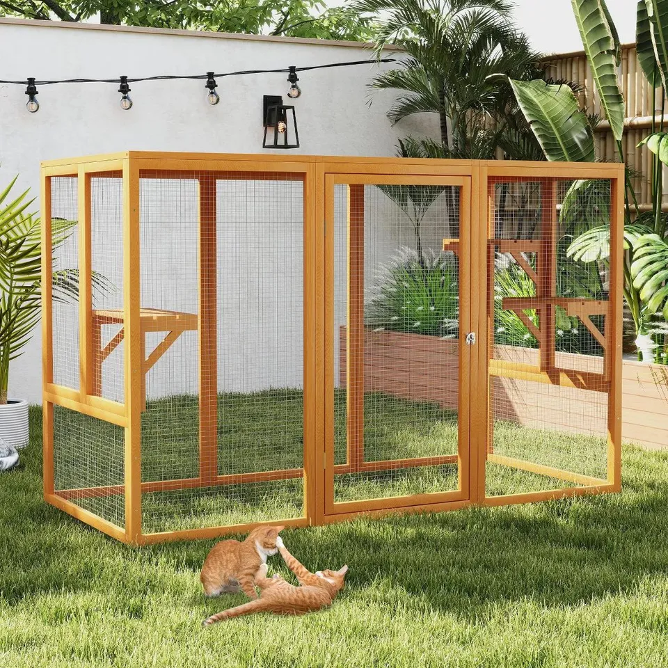 BOXED SANDINRAYLI OUTDOOR CAT HOUSE, WOOD CAT CATIO WITH SUNSHINE PANEL, ORANGE