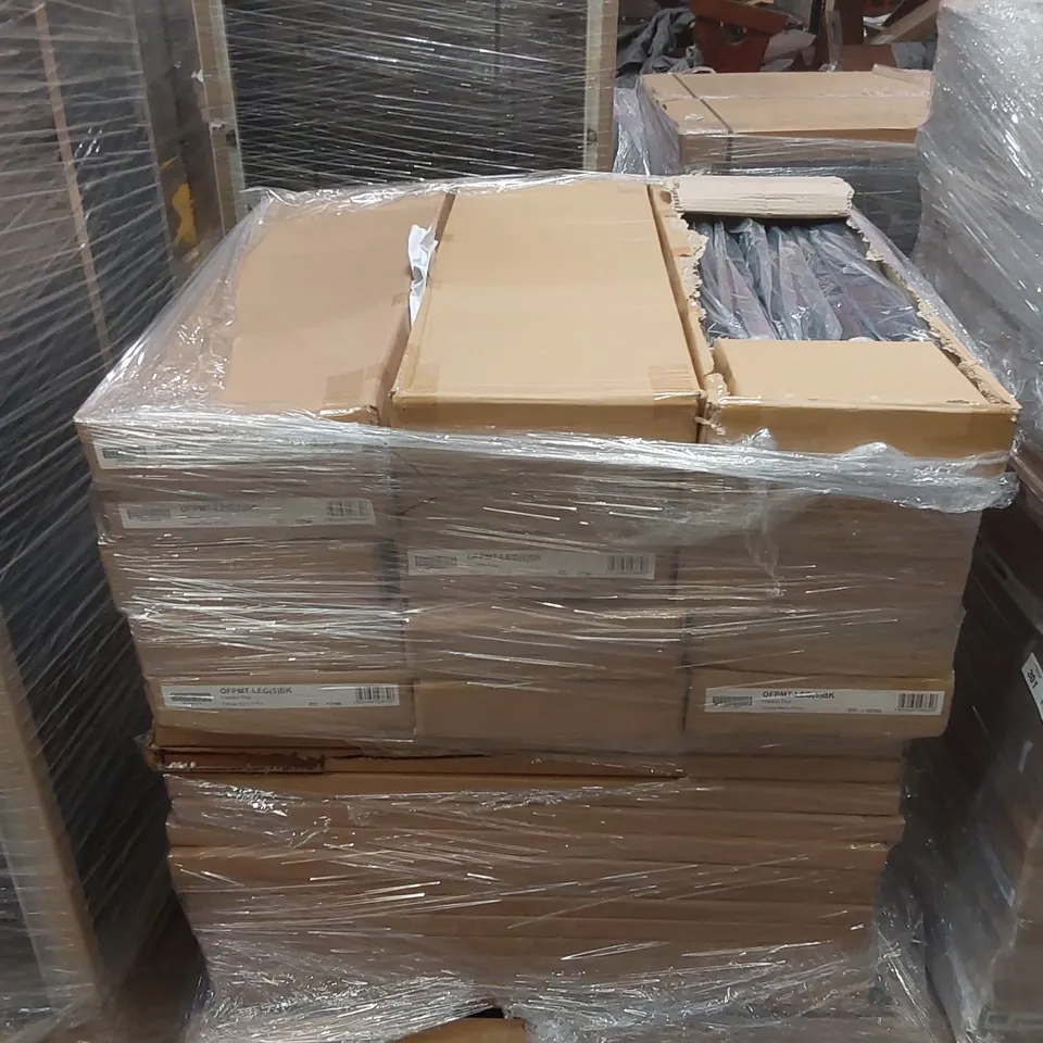 PALLET CONTAINING A LARGE ASSORTMENT OF BRAND NEW OFFICE FURNITURE PARTS TO INCLUDE: FRACTION PLUS TUBULAR TABLE LEGS ECT