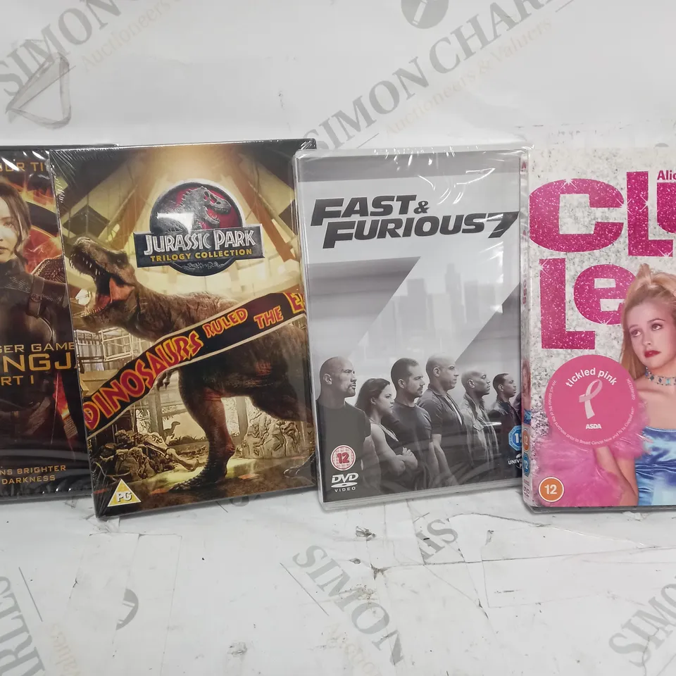 BOX OF APPROXIMATELY 58 DVD TO INCLUDE HUNGER GAMES, JURASSIC PARK, FAST & FURIOUS ETC