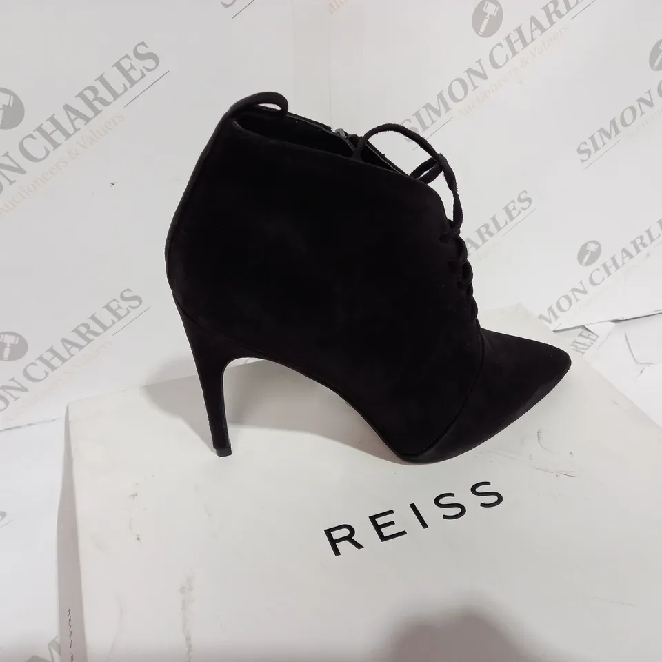 BOXED REISS SUEDE CHOCOLATE BOOT HEELS - SIZE 6