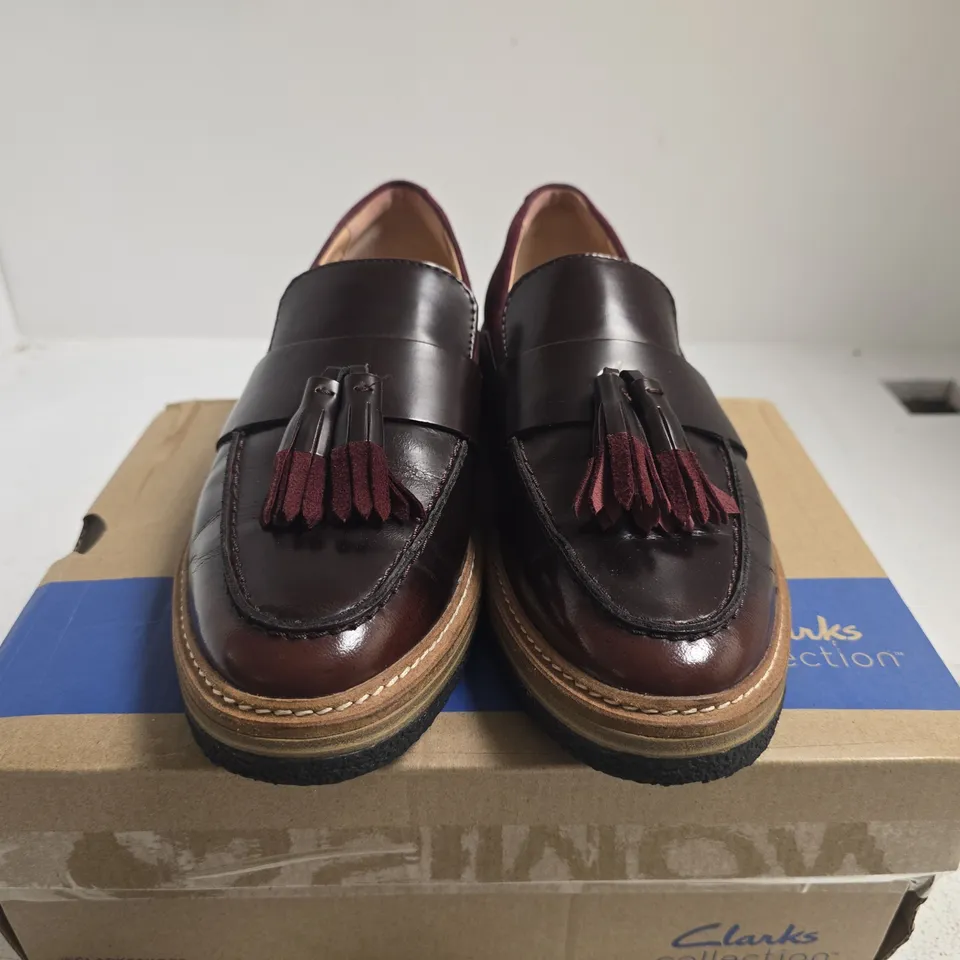 BOXED PAIR OF CLARKS ZYLAH MAY BLACK LEATHER TASSEL LOAFERS – WOMEN'S, UK 6 