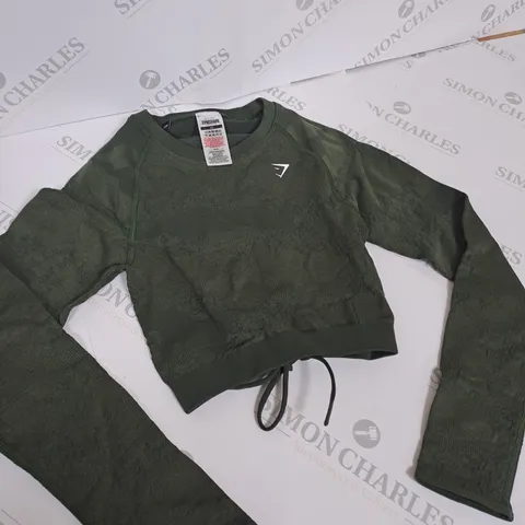 GYMSHARK GREEN CAMO STYLE CROPPED GYM TOP - SIZE XS