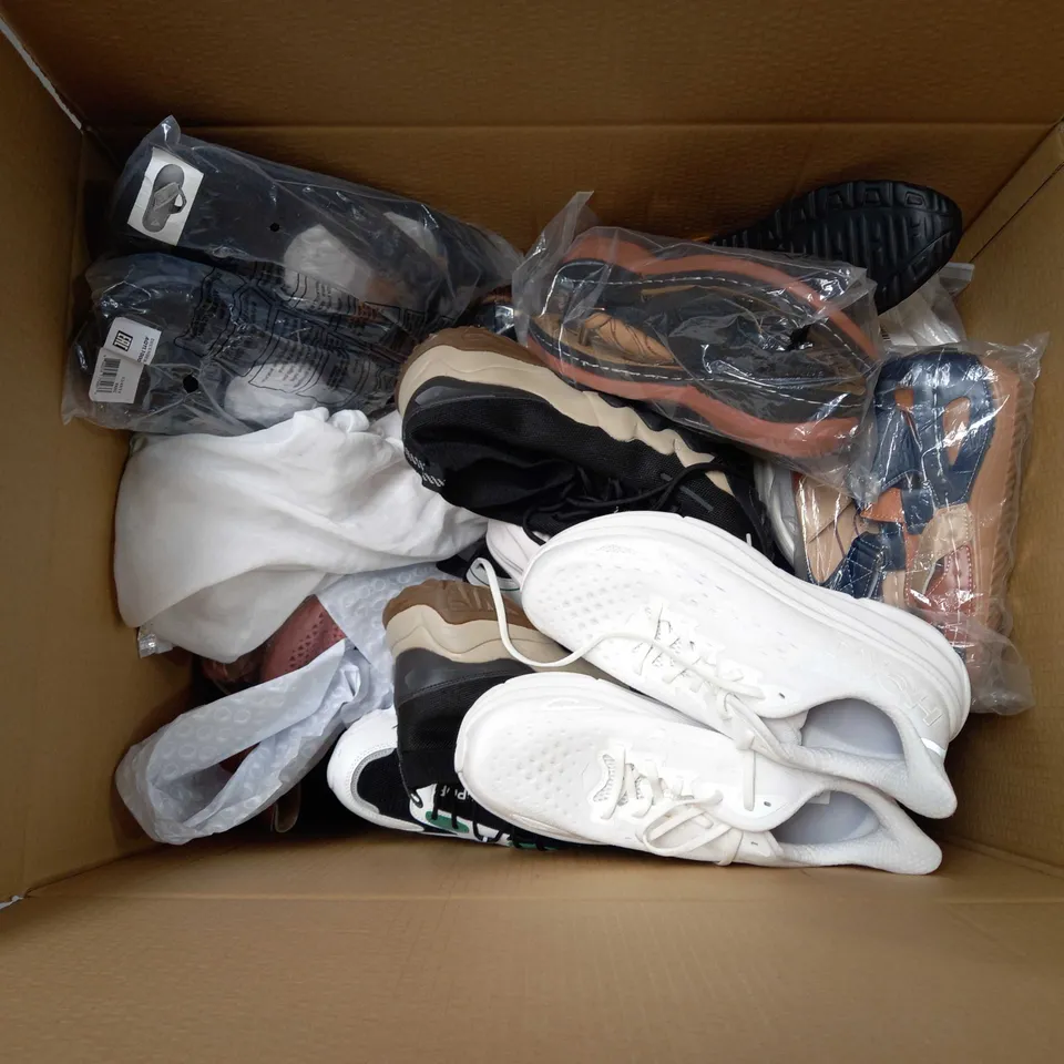BOX OF APPROXIMATELY 20 ASSORTED PAIRS OF UNBOXED SHOES OF VARIOUS SIZES AND STYLES TO INCLUDE HOKA, BIRKENSTOCK, ZARA, ETC