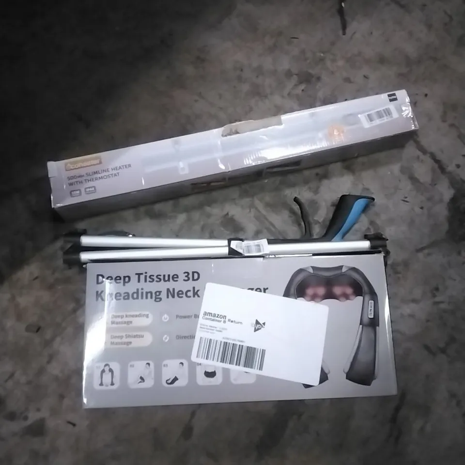 PALLET OF ASSORTED ITEMS TO INCLUDE; DEEP TISSUE NECK MASSAGER, SLIM LINE HEATER