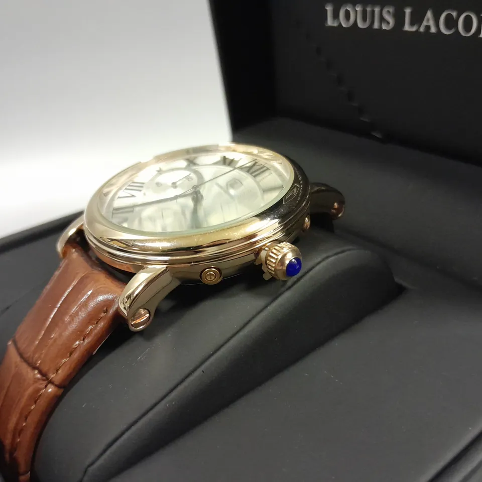 MENS LOUIS LACOMBE CHRONOGRAPH WATCH WITH MULTI FUNCTION DIAL WITH DATE AND ROMAN NUMERAL DIAL WITH BROWN LEATHER STRAP IN GIFT BOX