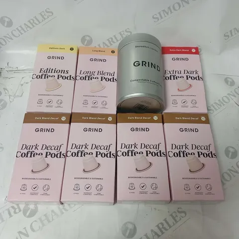 APPROXIMATELY 7 PACKS OF GRIND COFFEE POD PACKS AND COFFEE PODS TIN