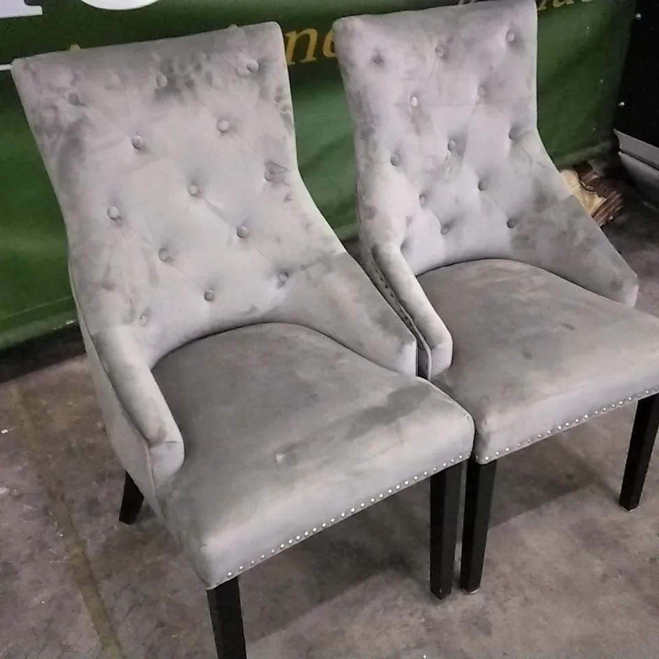SET OF 2 PLUSH GREY FABRIC BUTTONBACK STUDDED DINING CHAIRS WITH KNOCKER BACKS AND BLACK WOODEN LEGS