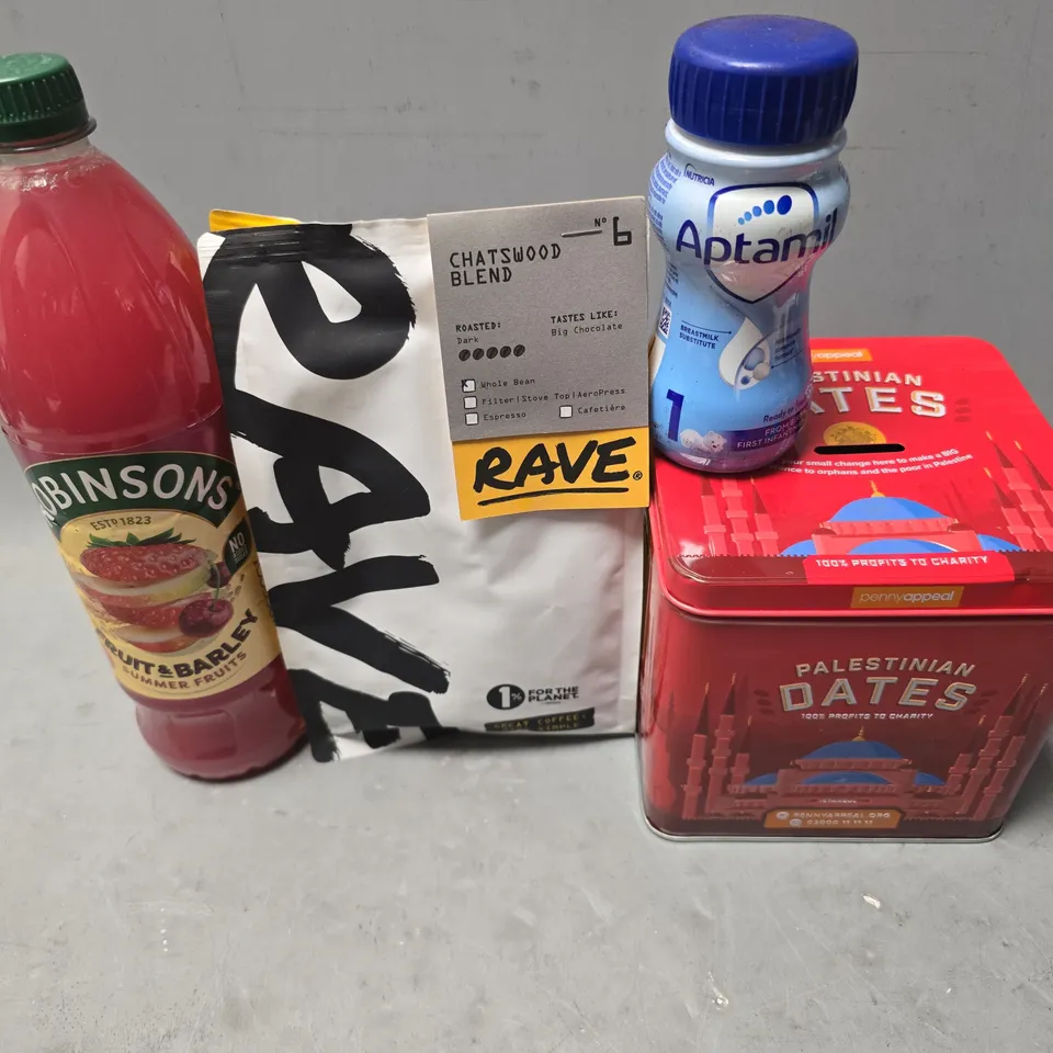 APPROXIMATELY 13 ASSORTED FOOD & DRINK ITEMS TO INCLUDE - APTAMIL 1 , PALESTINIAN DATES ETC