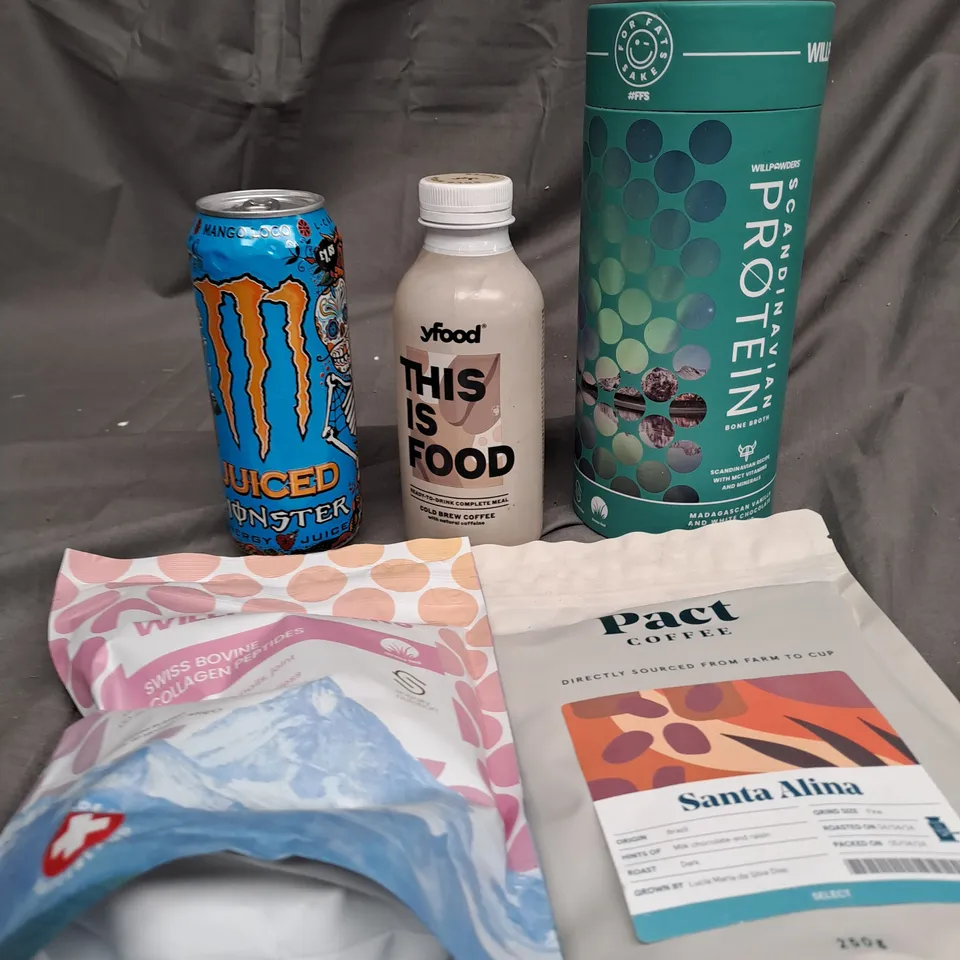 BOX OF APPROXIMATELY 15 ITEMS TO INCLUDE MONSTER ENERGY, MYFOOD SHAKE, PACT COFFEE ETC