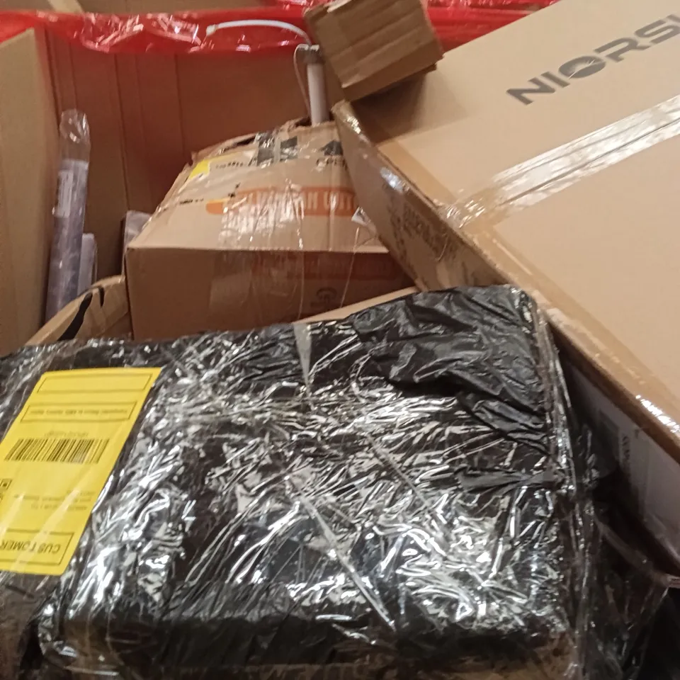 PALLET OF ASSORTED ITEMS INCLUDING - CEILING FAN WITH LIGHT , GREEN PLASTIC GUARD NET, WRAPPING PAPER