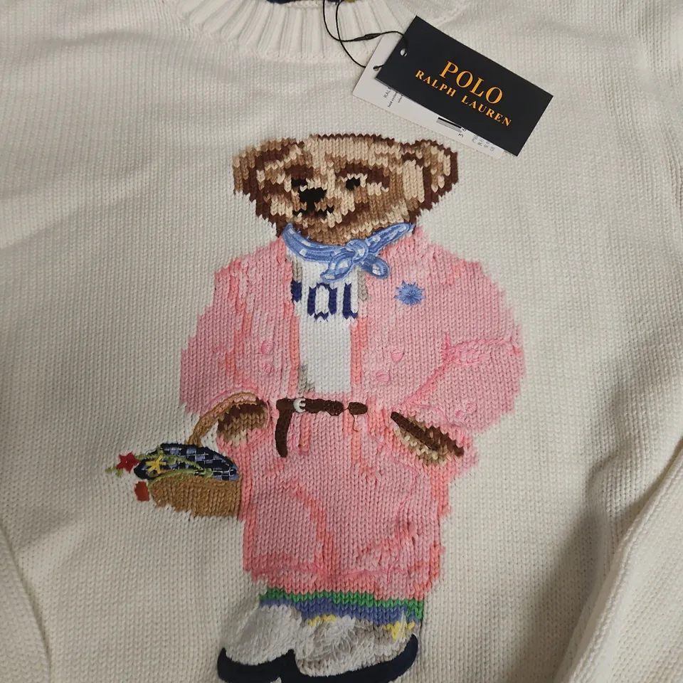 POLO RALPH LAUREN TEDDY BEAR KNIT JUMPER – CREAM WITH PINK SUIT - SIZE M