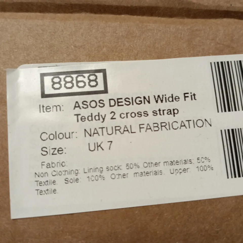 ASOS DESIGN WIDE FIT TEDDY 2 CROSS STRAP WEDGE SANDALS – NATURAL, UK 7