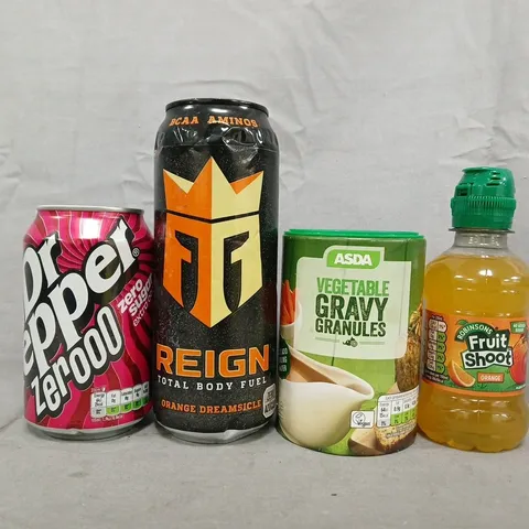 APPROXIMATELY 10 ASSORTED FOOD AND DRINK ITEMS TO INCLUDE FRUIT SHOOT, REIGN, DR PEPPER, ETC