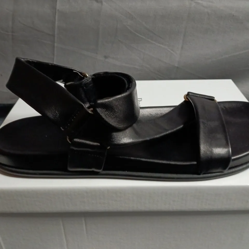 BOXED PAIR OF RUSSELL AND BROMLEY BLACK LEATHER SANDALS - SIZE 40