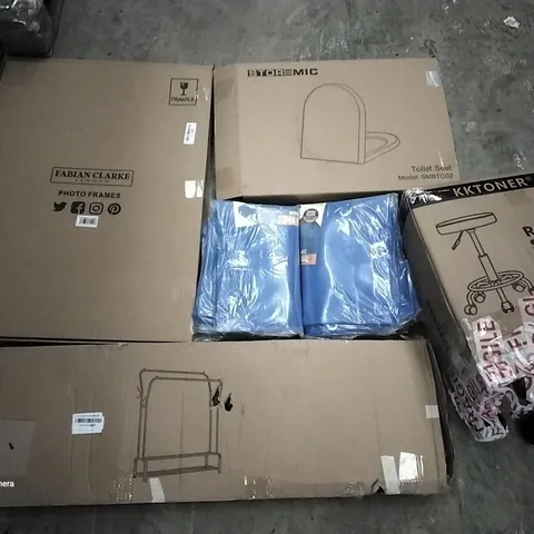 PALLET OF ASSORTED ITEMS INCLUDING FABIAN CLARKE PHOTO FRAMES, KKTONER ROLLING STOOL, CLOTHING RACK, STOREMIC TOILET SEAT, HEAVY DUTY TARP, HOLYWOOD MAKEUP MIRROR