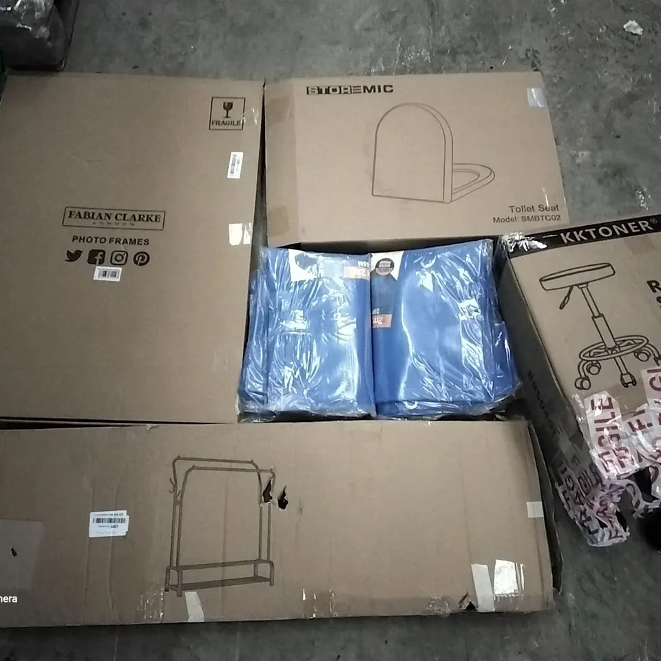 PALLET OF ASSORTED ITEMS INCLUDING FABIAN CLARKE PHOTO FRAMES, KKTONER ROLLING STOOL, CLOTHING RACK, STOREMIC TOILET SEAT, HEAVY DUTY TARP, HOLYWOOD MAKEUP MIRROR