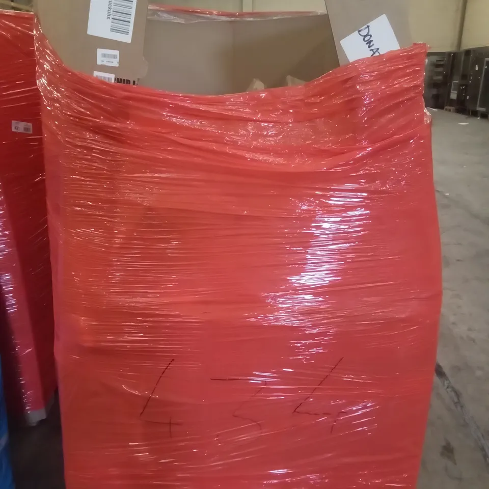 PALLET OF ASSORTED ITEMS INCLUDING ALUMINIUM FRAME WHITE BOARD, CLOTHS RACK, SKINNY SOFA TABLE, IRONING BOARD, CHRISTMAS TREE, PLUNGER 