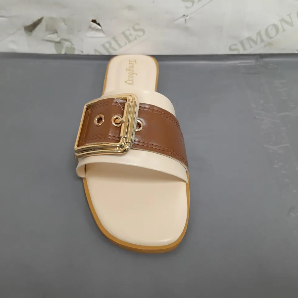 BOXED PAIR OF TENGBOXY OPEN TOE FLAT SLIDES IN BEIGE/BROWN EU SIZE 39