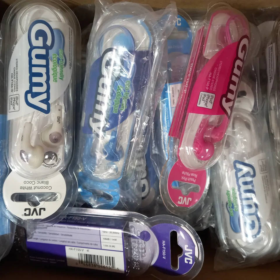 BOX OF APPROXIMATELY 20 ASSORTED JVC GUMY STEREO HEADPHONES IN VARIOUS COLOURS