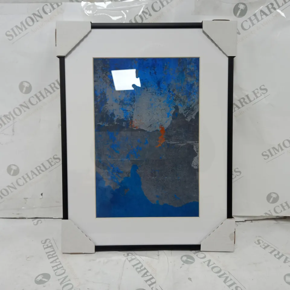 BOXED DAVID AND DAVID STUDIO 'ORANGE AND BLUE 3' BY LAURENCE DAVID FRAMED GRAPHIC ART 30 X 40CM