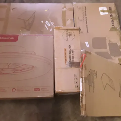 PALLET OF ASSORTED PRODUCTS INCLUDING CEILING FAN LIGHT, METAL TOWEL RACK, PORTABLE COLLAPSIBLE SOFT CRATE, TABLE TROLLEY, WALL MIRROR