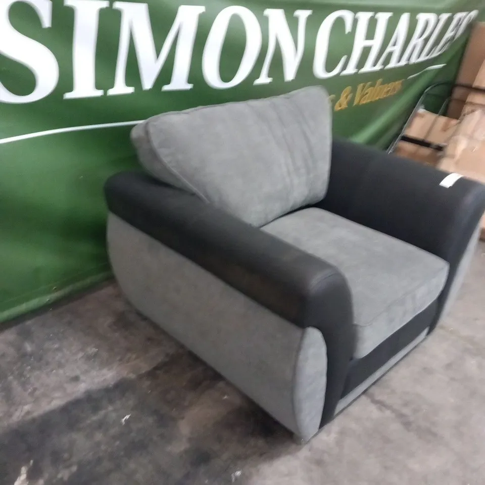 DESIGNER GREY FABRIC AND BLACK SUEDE EFFECT ARM CHAIR
