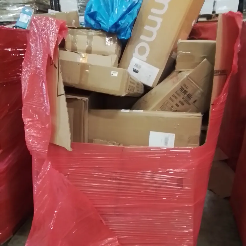 PALLET CONTAINING VARIOUS ASSORTED ITEMS TO INCLUDE: EMMA MATTRESS, KIDS BEDSIDE CRIB, OFFICE/GAMING CHAIR, BUILDERS BUCKETS AND LOTS MORE UNMARKED BOXED ITEMS.