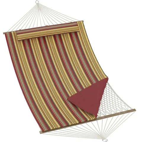 BOXED GARVEE DOUBLE QUILTED HAMMOCK FOR 2 PEOPLE, 350CM LARGE OUTDOOR FREESTANDING HAMMOCK, WOODEN SPREADER BARS, DETACHABLE PILLOW, ADJUSTABLE STEEL FRAME, 204KG CAPACITY, COTTON ROPE & PADDED POLYES