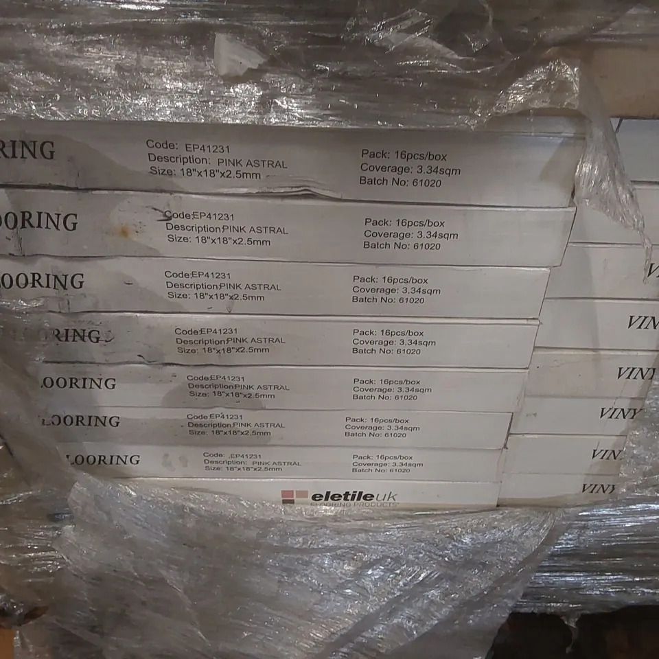 PALLET CONTAINING APPROXIMATELY 50 BOXES OF 16PCS BRAND NEW ELETILE UK PINK ASTRAL VINYL FLOORING