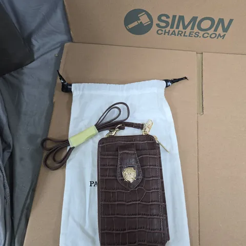 PAUL COSTELLOE DRESSAGE CROCODILE-EFFECT LEATHER CROSSBODY WALLET, BROWN 