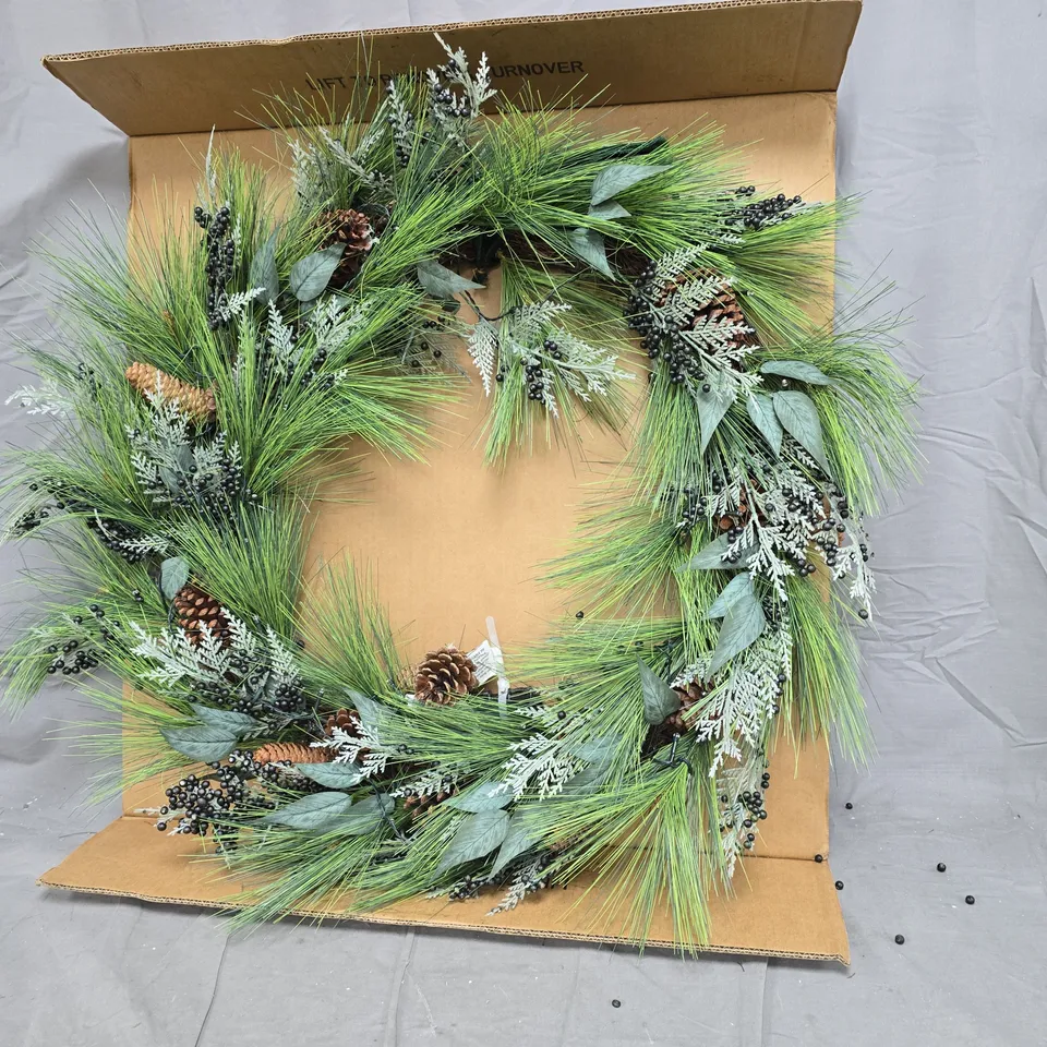 BOXED PRE LIT CHRISTMAS WREATH WITH GREEN BERRIES AND PINECONES - 90 CM