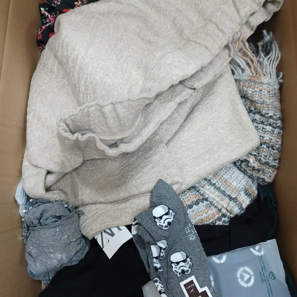 LARGE BOX OF ASSORTED CLOTHING ITEMS IN VARIOUS COLOURS AND SIZES INCLUDING TROUSERS , TOPS AND JUMPERS 