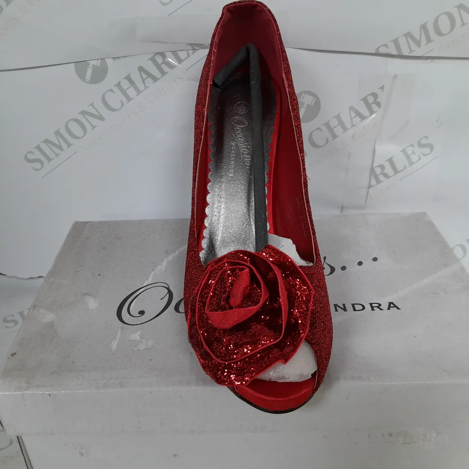 BOXED PAIR OF OCCASSIONS BY CASANDRA OPEN TOE ROSE DETAIL HEELS IN RED - SIZE 5
