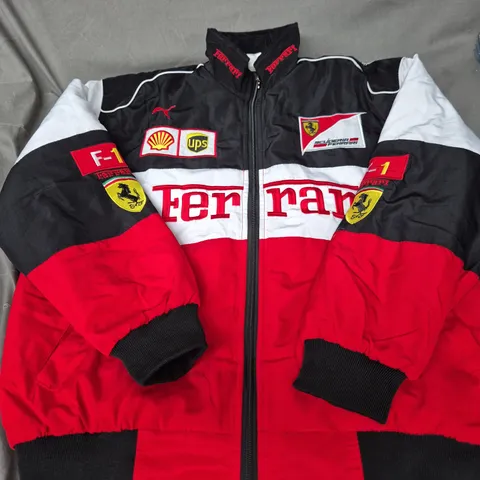 FERRARI MOTORSPORT JACKET – MEN'S RED/BLACK WITH SPONSOR PATCHES SIZE M 