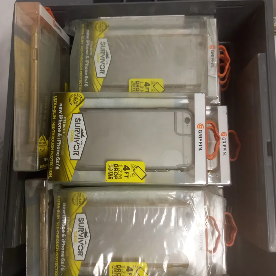 BOX OF APPROXIMATELY 25 BOXED SURVIVOR CLEAR PROTECTIVE PHONE CASES FOR IPHONE 6/6S