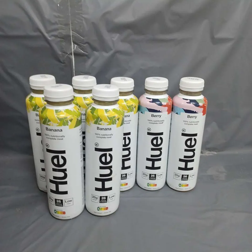 LOT OF 7 OF HUEL PROTEIN DRINKS BANANA AND BERRY FLAVOURS 500ML PER BOTTLE