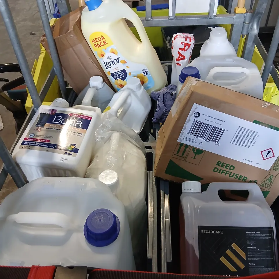LARGE QUANTITY OF ASSORTED OVERSIZED LIQUIDS TO INCLUDE;AD BLUE, LENOR, REED DIFFUSERS, BONA OILED WOOD FLOOR CLEANER AND ZCARCARE CITRUS WASH