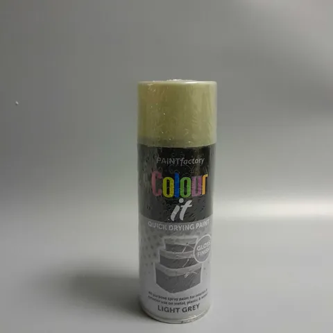 APPROXIMATELY 12 SEALED PAINT FACTORY COLOUR IT QUICK DRYING ALL PURPOSE SPRAY PAINT 400ML - LIGHT GREY