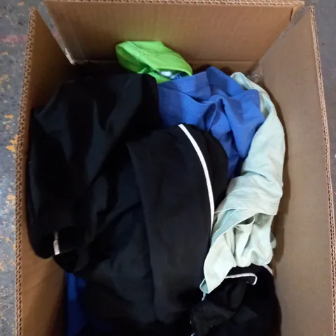 BOX OF ASSORTED CLOTHING ITEMS TOO INCLUDE JUMPERS, SHIRTS AND TROUSERS IN VARIOUS SIZES AND COLOURS   