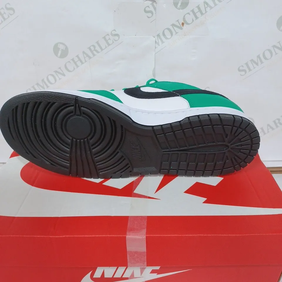 BOXED PAIR OF NIKE DUNK LOW TRAINERS - STADIUM GREEN, BLACK, WHITE / SIZE: 10 UK