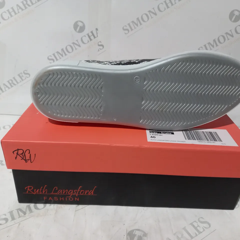 BOXED PAIR OF RUTH LANGSFORD TRAINERS WITH ZIP DETAIL IN GREY SNAKE UK SIZE 7