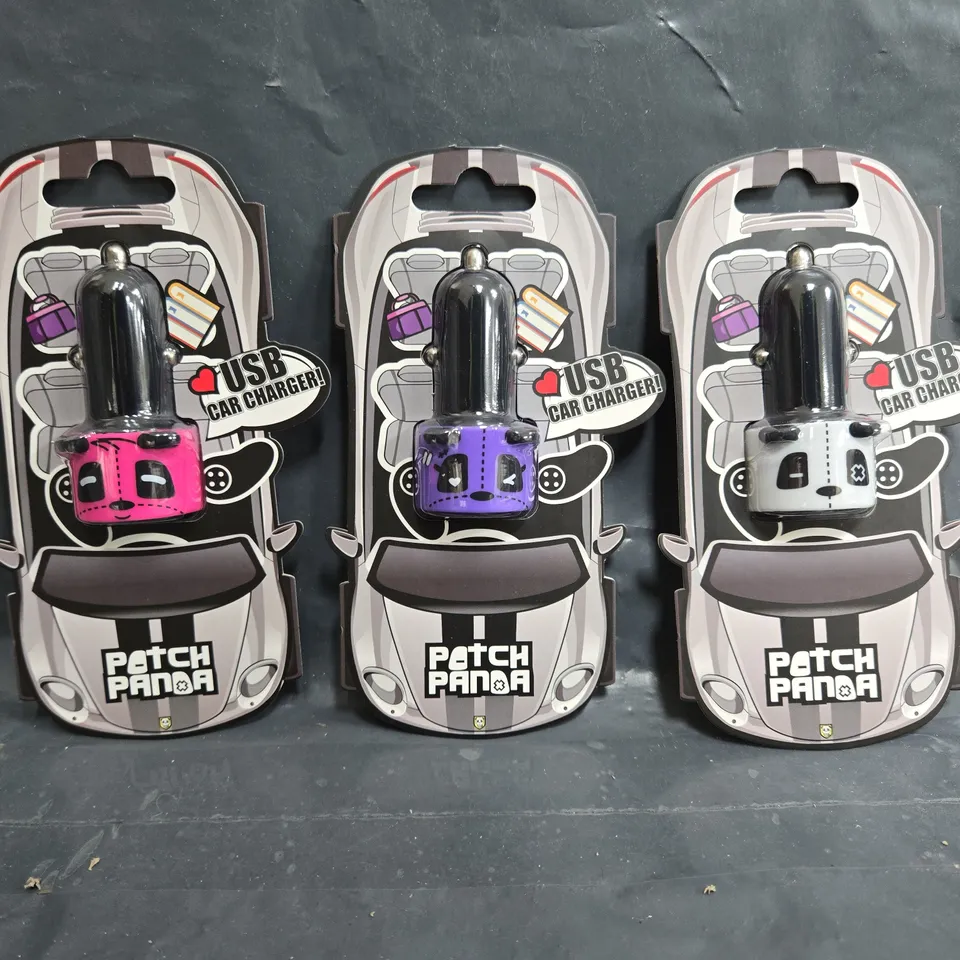 BOX OF APPROXIMATELY 150 PATCH PANDA USB CAR CHARGER IN BLACK , PURPLE & PINK