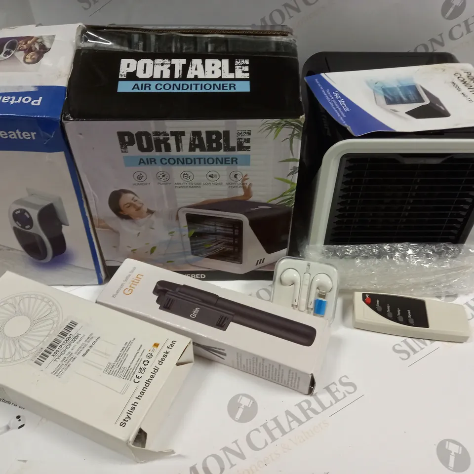LOT OF 5 ASSORTED ITEMS TO INCLUDE PORTABLE AIR CONDITIONER, BLUETOOTH SELFIE STICK AND EARPHONES