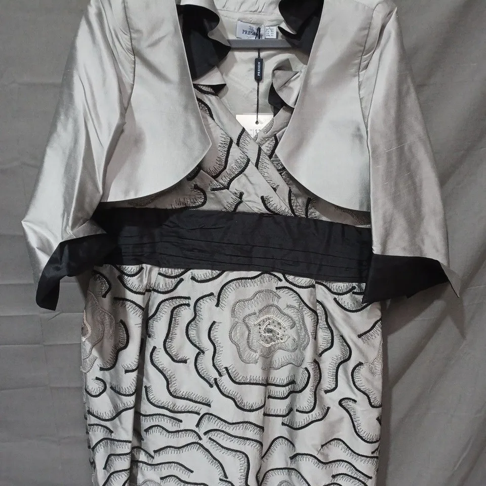 PRESEN 2 PIECE BOLERO JACKET & FLORAL DRESS IN GREY/BLACK - UK 20