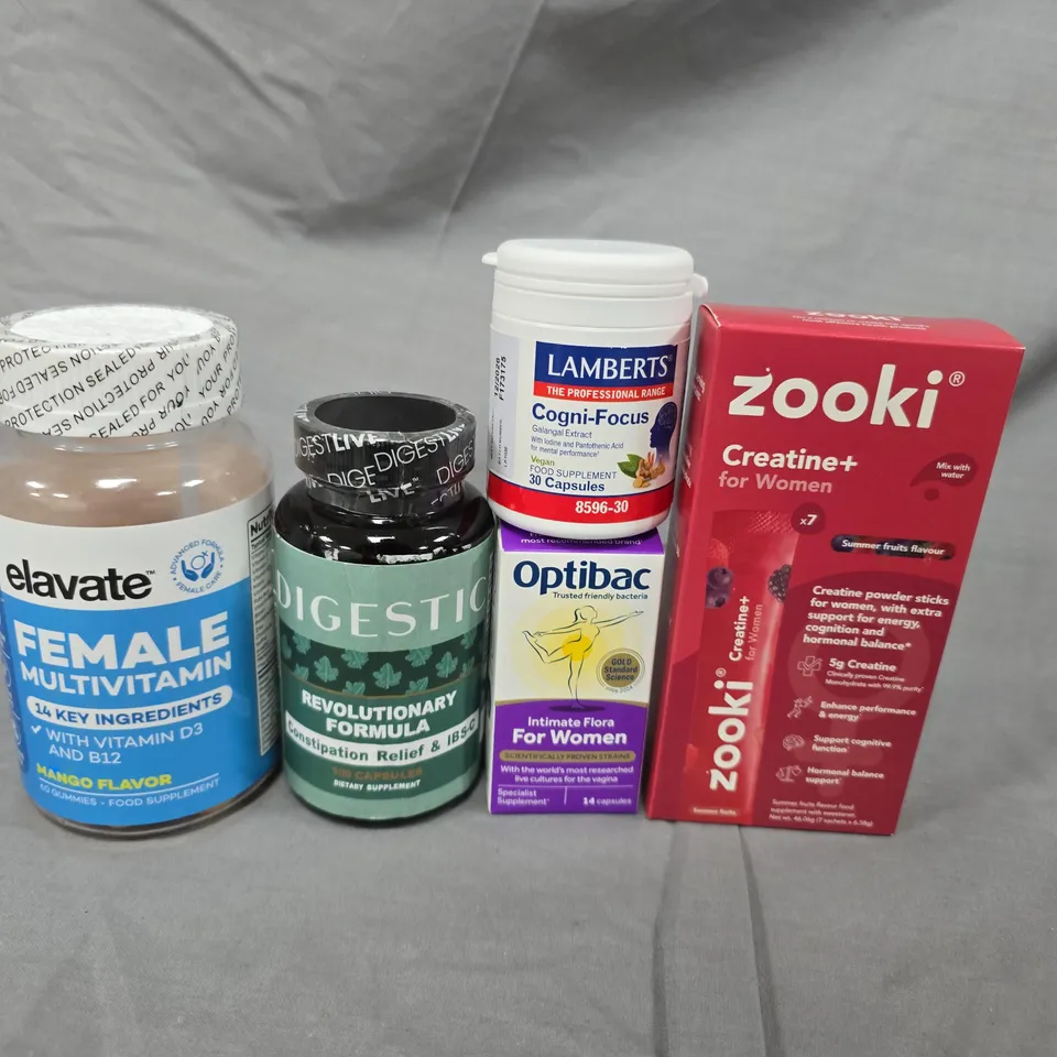 APPROX 10 ASSORTED VITAMIN & DIETARY SUPPLEMENTS: ELAVATE FEMALE MULTIVITAMIN, DIGESTIVE FORMULA, OPTIBAC FOR WOMEN, LAMBERT'S COGNIFOCUS, ZOOKI CREATINE+ FOR WOMEN