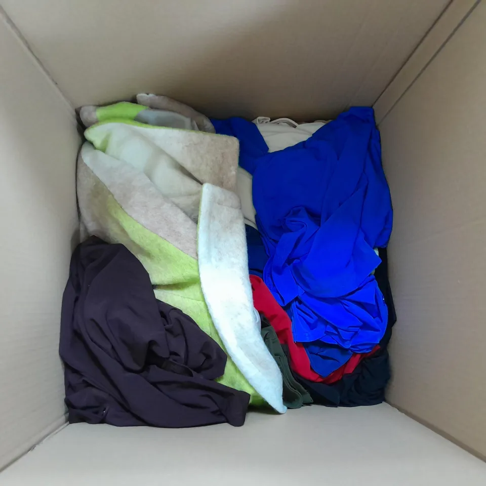 LARGE BOX OF CLOTHING ITEMS ASSORTED COLOURS AND SIZES 